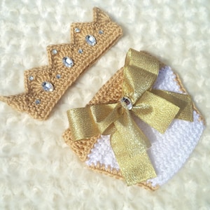 Crochet Baby Princess Crown, Crochet Baby Girl Outfit, Crochet Princess Outfit,  Baby Girl Shower Gift, Newborn Photo Prop, White, Gold