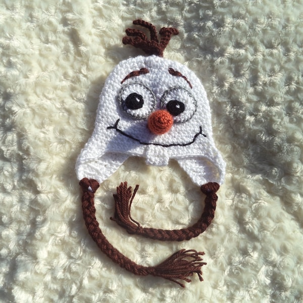 Snowman Baby Beanie Hat With Earflap, Hand Crocheted, Olaf Inspired Baby hat.  Newborn Photo Prop, Baby Shower Gift, White