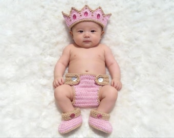 Corona de princesa de ganchillo para bebé, conjunto de ganchillo para bebé niña, conjunto de princesa de ganchillo, regalo para baby shower de niña, accesorio para fotos de recién nacido, rosa, dorado