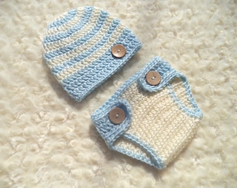 Blue Crochet Baby boy outfit, Newborn Boy Photo Prop, Baby shower gift, Baby boy beanie hat, crochet diaper cover, blue