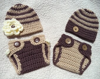 Jumeaux garçon et fille tenues Baby Twin Photo Prop tenues jumelles Crochet Twin chapeaux nouveau-nés et couches couvre cadeau bébé jumeau