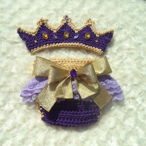 Crochet Baby Princess Crown, Crochet Baby Girl Outfit, Crochet Princess Outfit,  Baby Girl Shower Gift, Newborn Photo Prop, Purple, Gold