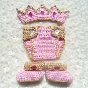 Crochet Baby Princess Crown, Crochet Baby Girl Outfit, Crochet Princess Outfit,  Baby Girl Shower Gift, Newborn Photo Prop, Pink, Gold