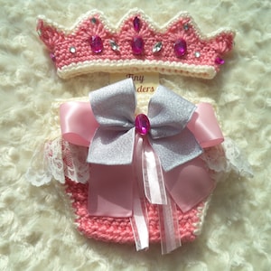 Crochet Baby Princess Crown, Crochet Baby Girl Outfit, Crochet Princess Outfit,  Baby Girl Shower Gift, Newborn Photo Prop, Pink, Gold