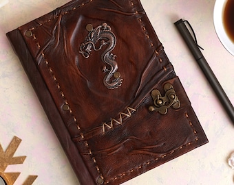 Dragon Journal, Leather Notebook, Handpainted Diary, Old Age Notepad, Brown Daybook, Memo Book, Guest Book, Rustic Agenda, Leather Journal