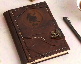 Leo Journal, Zodiac Notebook, Leather Diary, Gift for Lovers of Astrology,  Medium Leather Notepad, HandSewn Memo Book, Leather Painted Book