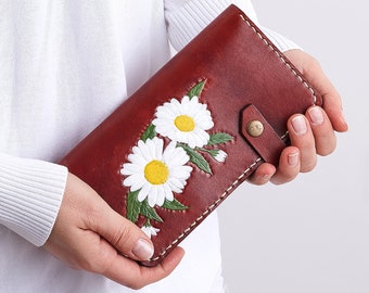 Art Daisy Flower Wallet for Women Leather Zipper Phone Coin Purse