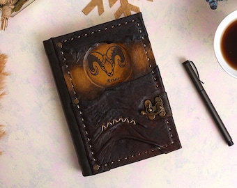 Aries Journal, Ram Skull Notebook, Medium Leather Notepad, Gift for Lovers of Astrology, Leather Diary, Old Age Style Memo Book, Zodiac Book
