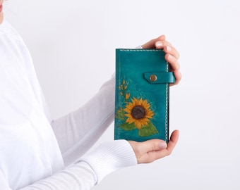 Leather Painted Wallet, sunflower design wallet , Handmade small Purse, Women Long Card Holder, Hand painted Billfold, Handsewn Wallet