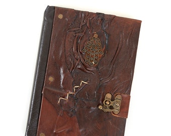 Leather hamsa design journal, Handmade Diary, Handmade Notebook, Hamsa design diary, Hand painted Notebook, handsewn Journal