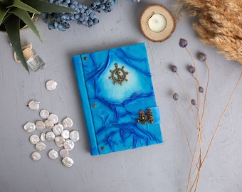 Leather Sailor Logbook, Cruise Journal, Ship Wheel Notebook, Blue Memo Book, Gift for Sea Lover, Handpainted Notebook, Sailor Anchor Journal