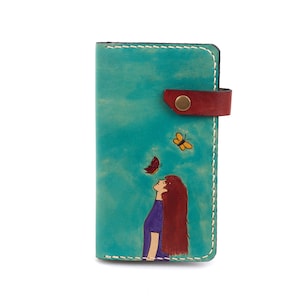 Carteira de design de menina, estojo de moeda borboleta, carteira longa de couro, bolsa pintada à mão, carteira de menina fofa, carteira colorida, presente de dia das mães