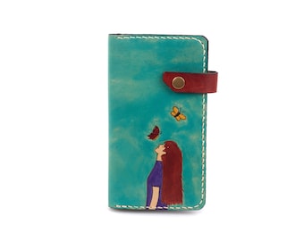 Girl Design Wallet, Butterfly Coin Case, Leather Long Billfold, Handpainted Purse, Cute Girl Wallet, Colorful Billfold, Mothers Day's Gift