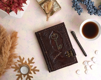 Key Design Notebook, Brown Leather Journal, Notepad, Ancient Key Diary, Medium Memo Book, Hand Sewn Book, Handpainted Book, Gift Books
