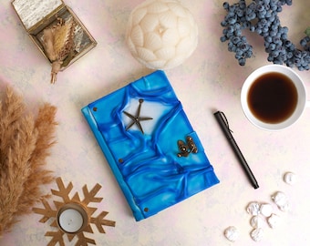 Starfish Leather Journal, Marine Logbook, Blue Notebook, Cruise Design Notepad, Ocean Memo Book, Medium Leather Journal, Cute Diary