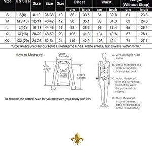May include: Size chart for clothing with measurements in inches and centimeters. The chart shows US, UK, EU, and AU sizes, along with corresponding chest, waist, and length measurements. The chart also includes a diagram showing how to measure different body parts.