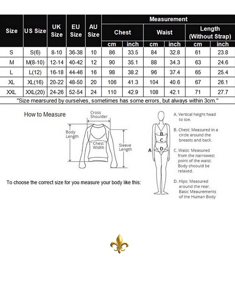 May include: Size chart for clothing with measurements in inches and centimeters. The chart shows US, UK, EU, and AU sizes, along with corresponding chest, waist, and length measurements. The chart also includes a diagram showing how to measure different body parts.