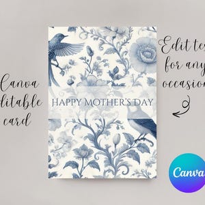 Tarjeta para el Día de la Madre con motivos chinos, tarjeta con flores azules, elegante tarjeta imprimible, tarjeta de cumpleaños para mamá, tarjeta de boda, aniversario, descarga digital