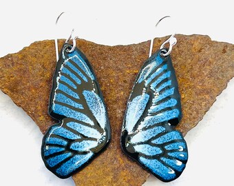 Blue Butterfly Wings, Sterling Silver, Enameled Earrings