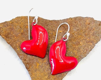 Red Puff Hearts, Sterling Silver, Copper on Enamel