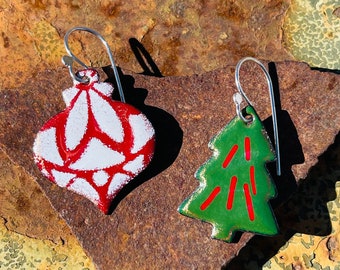 Green Christmas Tree & Ornament Earrings, Sterling Silver