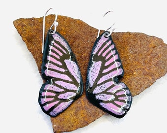 Pink & Purple Butterfly Wings, Enameled Earrings, Sterling Silver