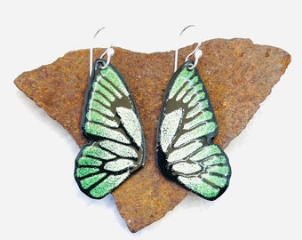Green Butterfly Wings, Enameled Earrings, Sterling Silver