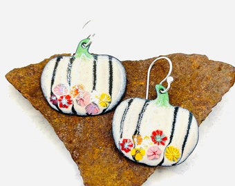 Cream Floral Pumpkin Earrings, Sterling Silver