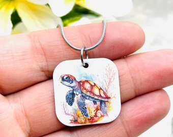 Sea Turtle Necklace, Enamel on Copper, 18” Stainless Steel Chain