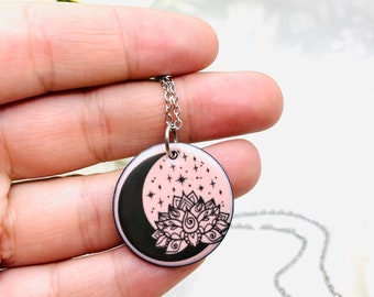 Moon & Lotus Flower Necklace, Enamel on Copper