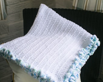 Handmade Crochet Baby Afghan Gender Neutral Cita Blanket White Berry Blue Border