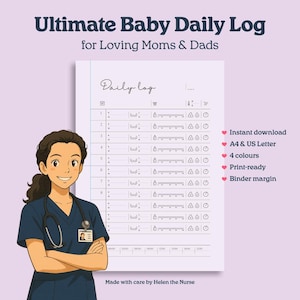 Könnte beinhalten: Ein druckbares Baby-Tagebuch mit einer Cartoon-Illustration einer Krankenschwester. Das Tagebuch enthält Abschnitte zur Verfolgung von Fütterung, Schlaf, Windelwechseln und anderen wichtigen Meilensteinen des Babys. Der Text auf der Seite lautet "Ultimate Baby Daily Log for Loving Moms & Dads" und "Daily log".