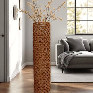 Extra Tall Floor Vase: Crocheted Jute Trim, Cylinder Glass Base