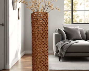 Extra Tall Floor Vase: Crocheted Jute Trim, Cylinder Glass Base