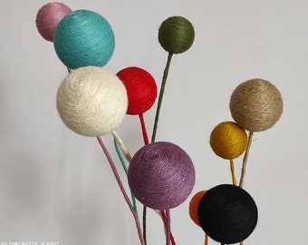 Jute balls on stems for tall floor vase Artificial colored ball extra long stem Billy balls jute decorations Jute pom pom balls on stem