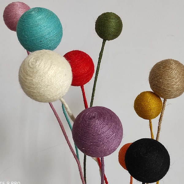 Jute balls on stems for tall floor vase Artificial colored ball extra long stem Billy balls jute decorations Jute pom pom balls on stem