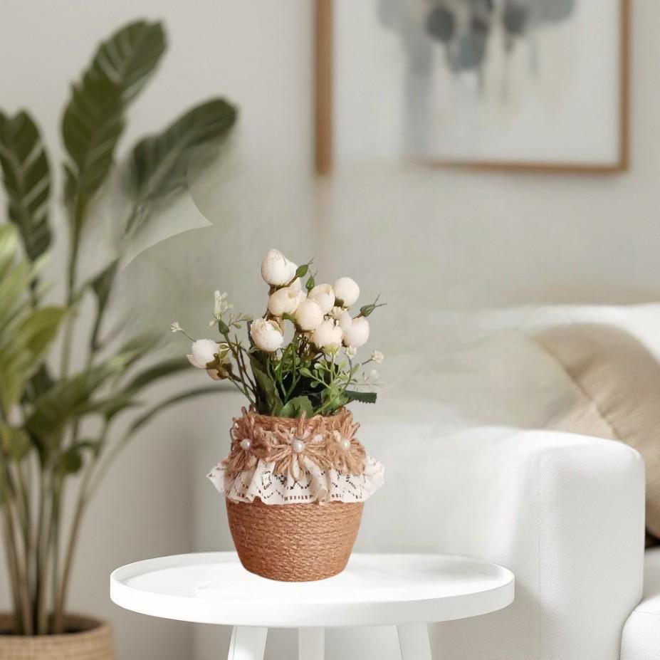 Rustic Jute Twine Vase: Lace & Bead Decor