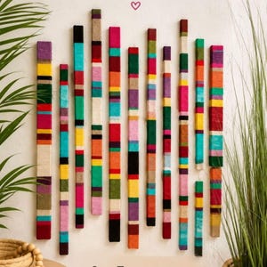 Tall Jute Fiber Wall Art: Narrow Maximalist Jute-Wrapped Wood Slats