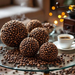 Op de afbeelding: Een stilleven met koffiebonen en bollen bedekt met koffiebonen. Een kopje koffie op een schotel is zichtbaar, samen met een koffiemolen. De scène speelt zich af op een glazen tafel.