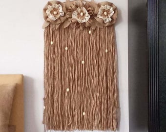 Handwoven Jute Wall Tapestry: Boho Chic Fiber Art (27.5x15.7")