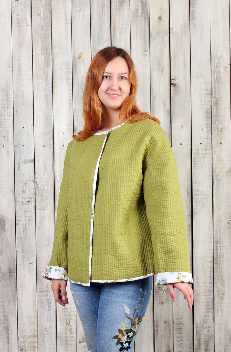 Linen Hand Quilted Double Sided Reversible Woman Jacket Hand Etsy