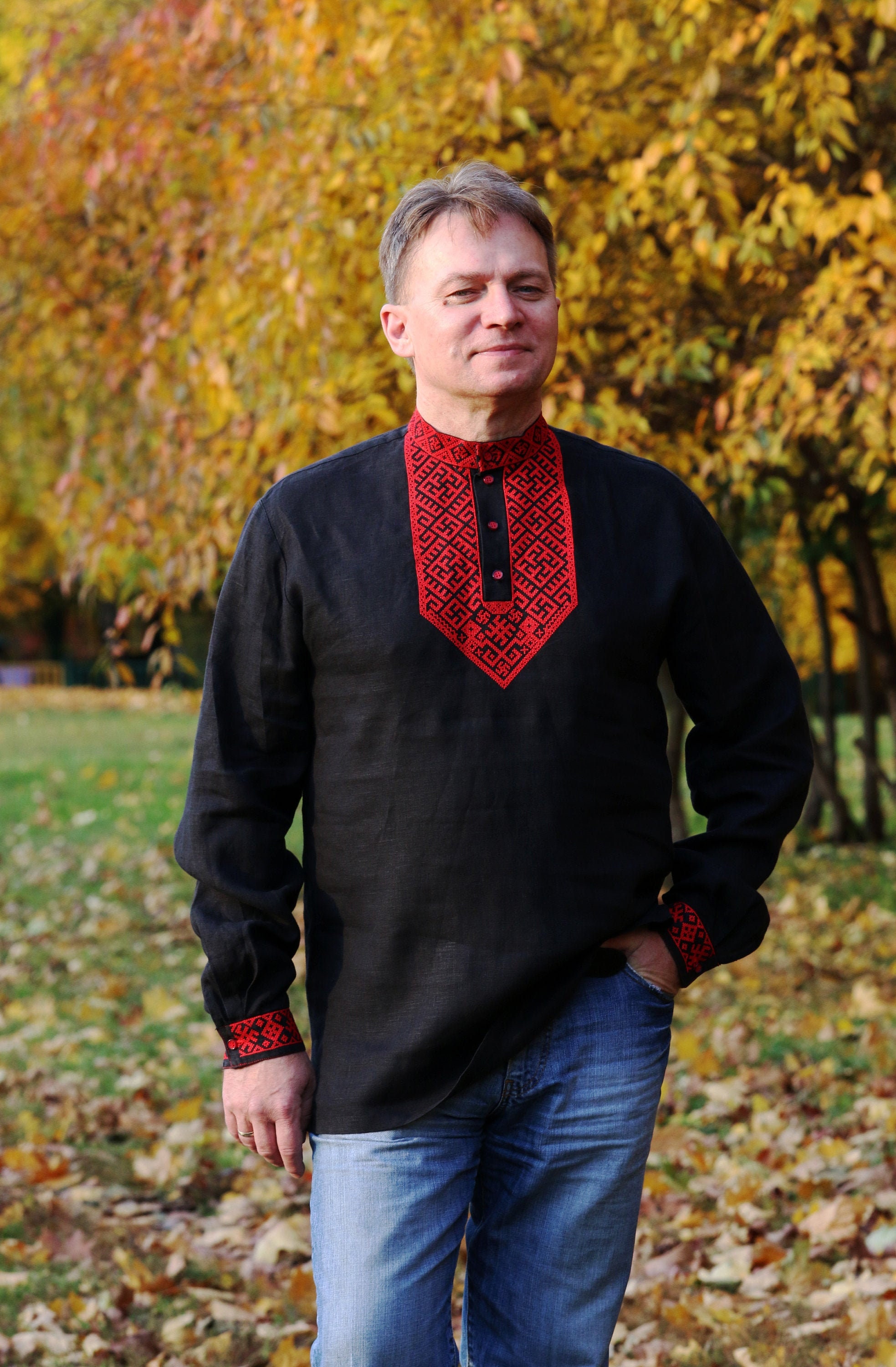 Linen Black Embroidered Russian Shirt 