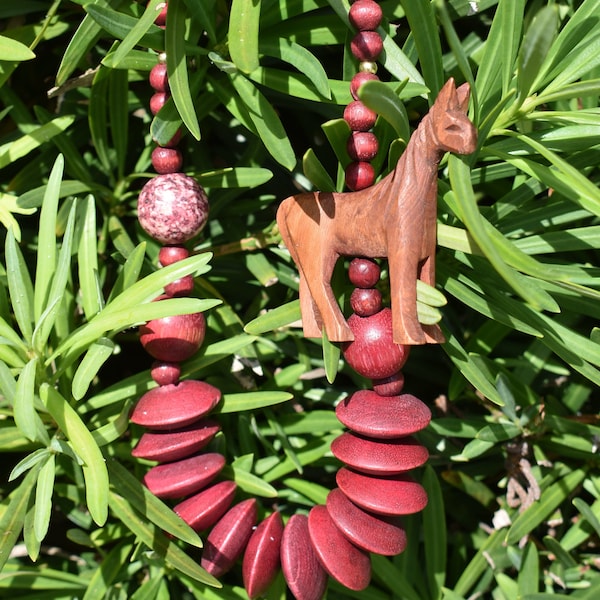 Wooden Horse Carved Tribal Necklace With Red Saucer and Round Shaped Beads Phillippines African