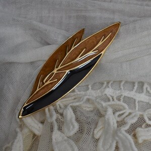 Trifari Autumn Brooch Vintage with Modern Leaf Design with Black and Tan Enamel and Gold Tone