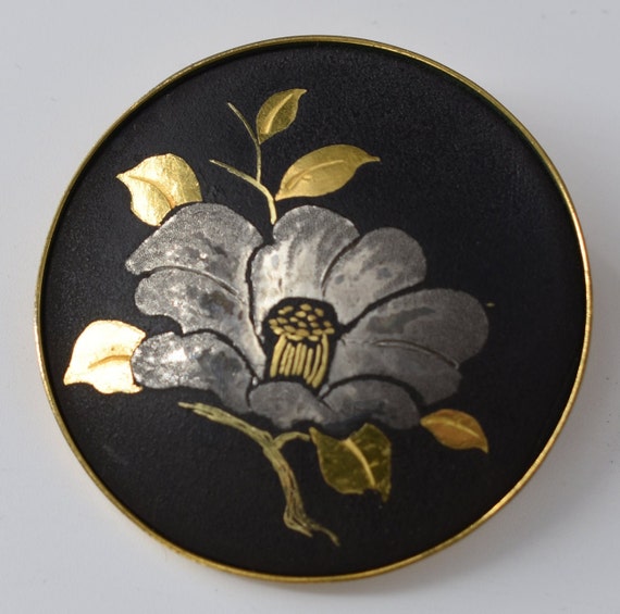 Alexim Japan Damascene Flower Brooch Pin Black With Gold and