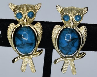 2 broches Jelly Belly Owl dorées avec poitrine et yeux imitation turquoise - épingles hibou vintage