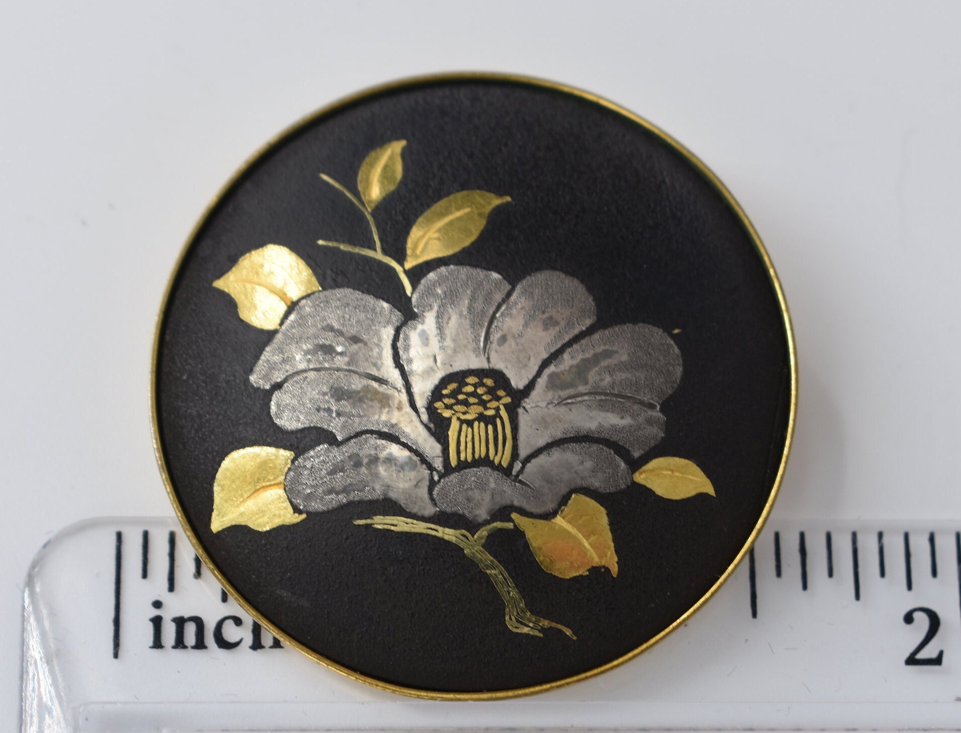 Alexim Japan Damascene Flower Brooch Pin Black With Gold and
