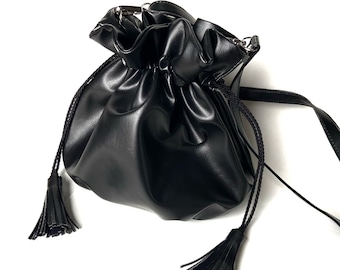 Black bucket bag - boho bucket bag - monochromatic bag