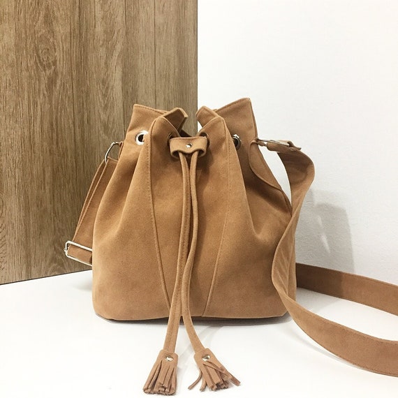 tan suede bucket bag