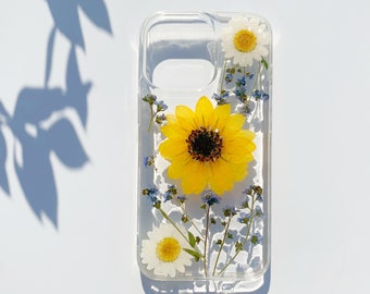 Gepresste echte Sonnenblume Handyhülle, iPhone 11 12 13 pro max 7 8 plus X XS XR getrocknete Blumen Hülle, Samsung Note 10 S20 S21 handgefertigte Blumenhülle